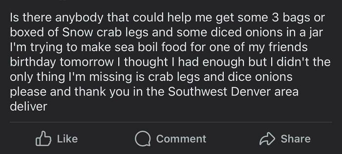 A social media post by choosing beggars asking for free seafood delivery