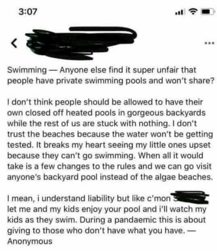 A social media post where choosing beggars complain that private swimming pools are unfair and should be shared.