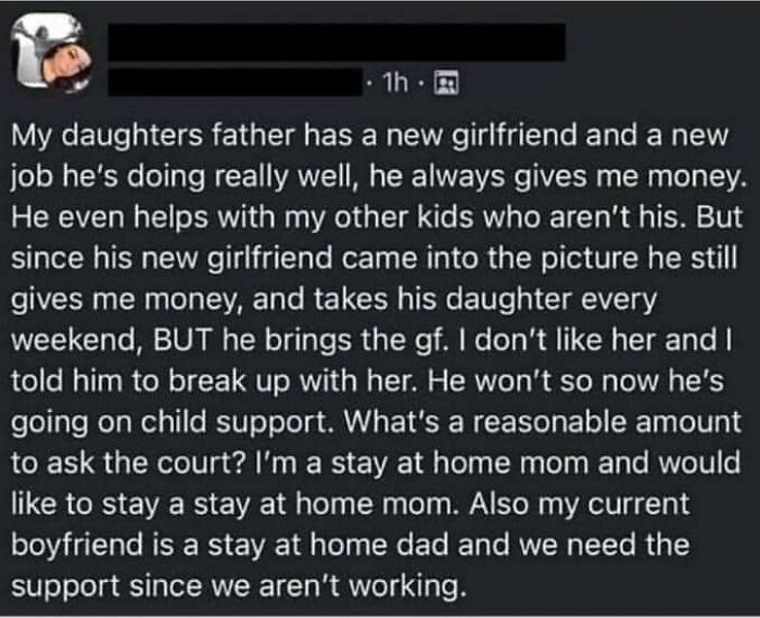 A social media post detailing unreasonable child support expectations, a classic case of choosing beggars.