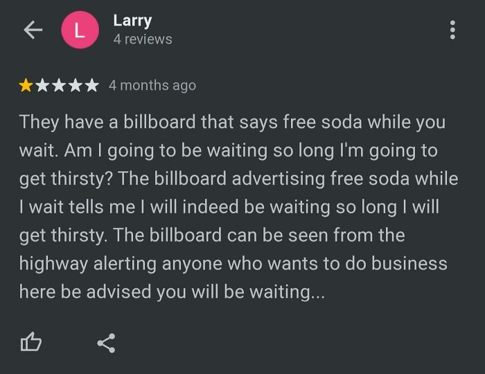 A screenshot of a business review complaining about free soda, depicting choosing beggars.