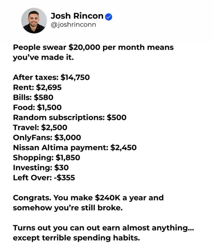 Humorous internet comments showing a breakdown of poor monthly spending habits.