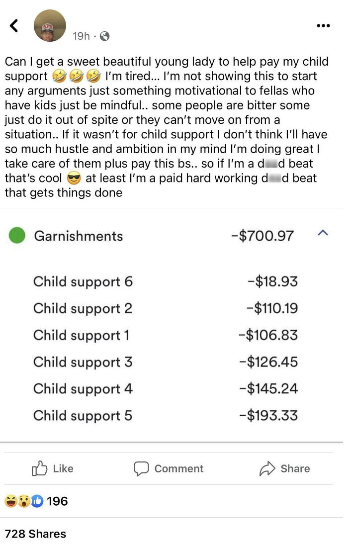 A post by choosing beggars asking for a young lady to help pay his child support garnishments.