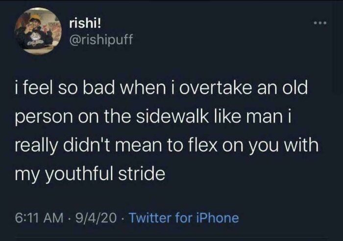 A social media post about overtaking an elderly person on the sidewalk, illustrating witty internet comments.