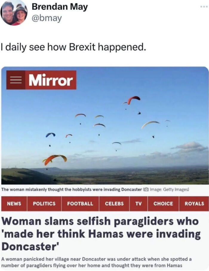 An online news article screenshot featuring internet comments about a woman mistaking paragliders for an invasion.