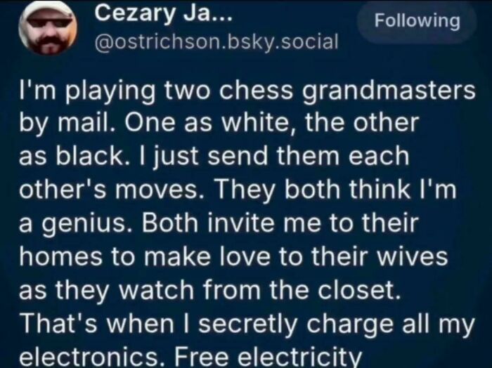 Hilarious internet comment about playing chess grandmasters by mail to get free electricity.