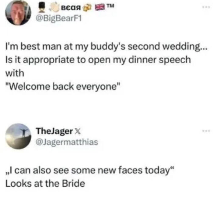 Humorous internet comments about a best man making a wedding speech joke.