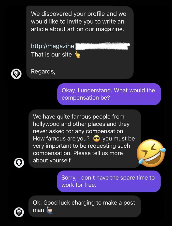 Direct message exchange showing choosing beggars asking a writer to write an art article for free.