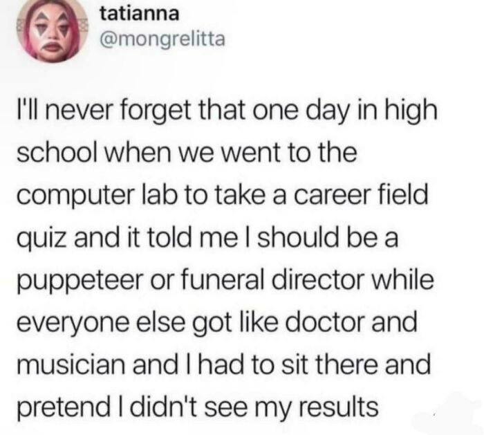 A tweet about a high school career quiz recommending puppeteer, shared on internet comments