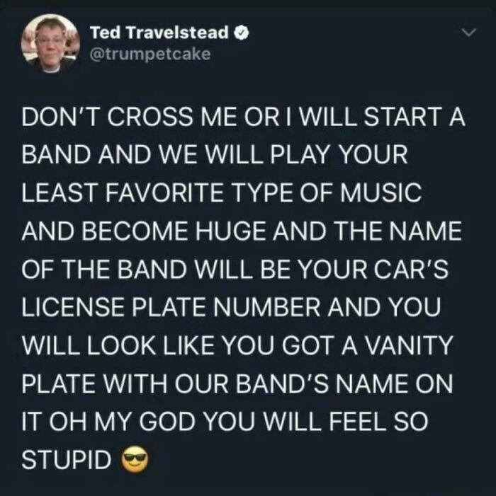 A highly specific threat to start a band named after someone's license plate, featured in internet comments