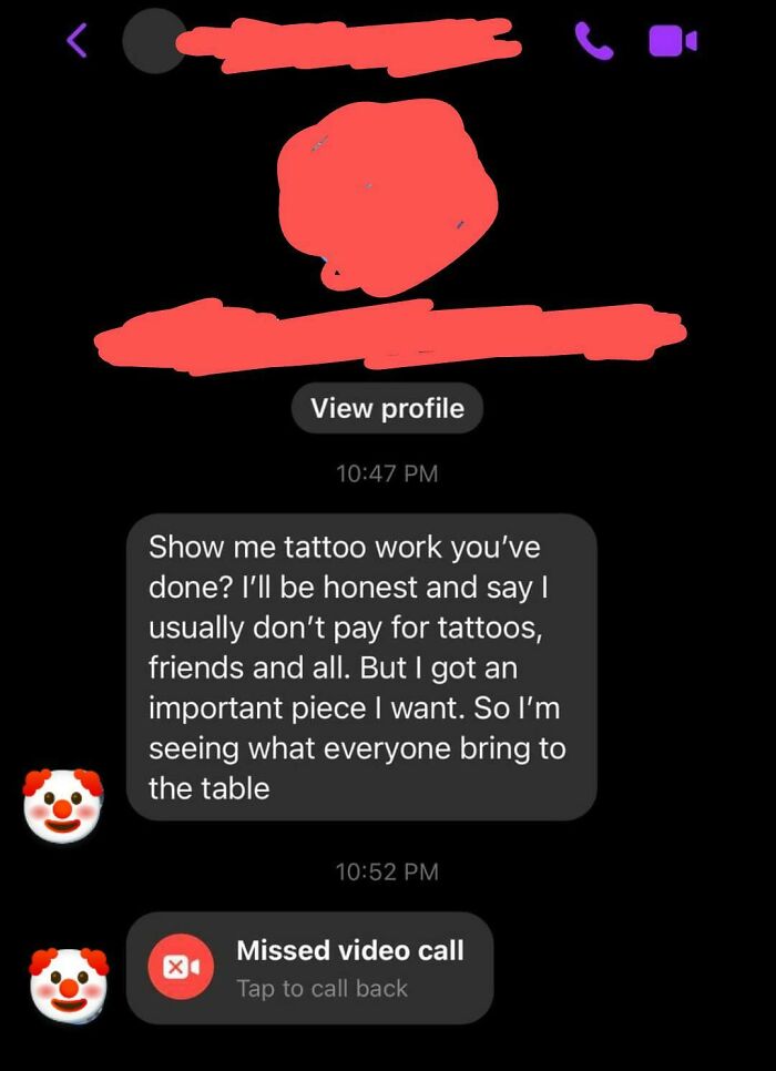 Text messages showing choosing beggars expecting free tattoo work while wanting to see previous designs.