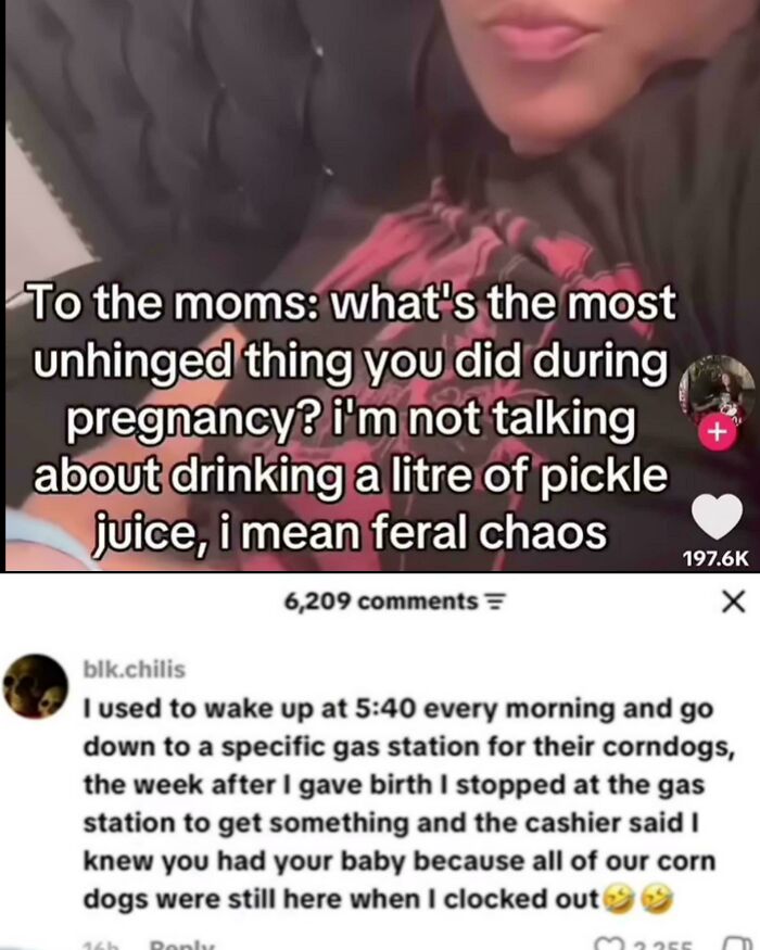 Funny internet comment about unhinged pregnancy cravings involving gas station corn dogs