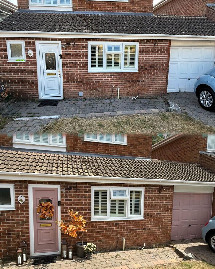 A brick house front before and after a DIY home upgrade with pink painted doors and matching garage