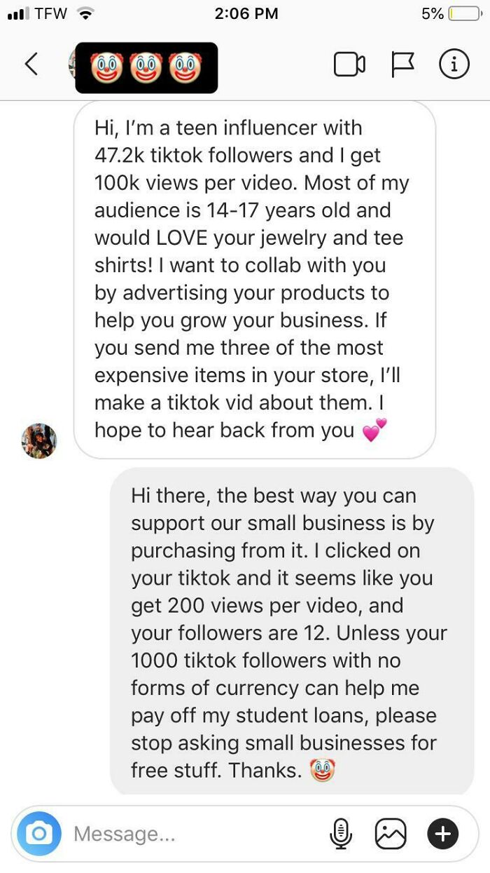 Text messages of a teen influencer requesting free expensive items shut down by a small business, showing choosing beggars.