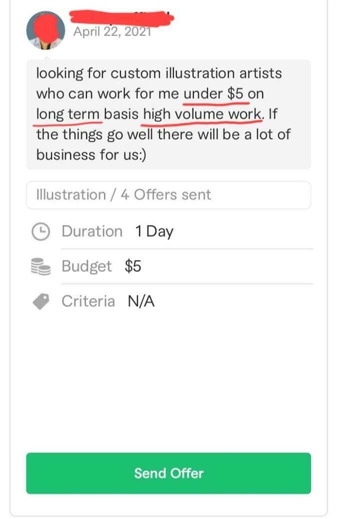 Job posting where choosing beggars look for custom illustration artists for under 5 dollars.