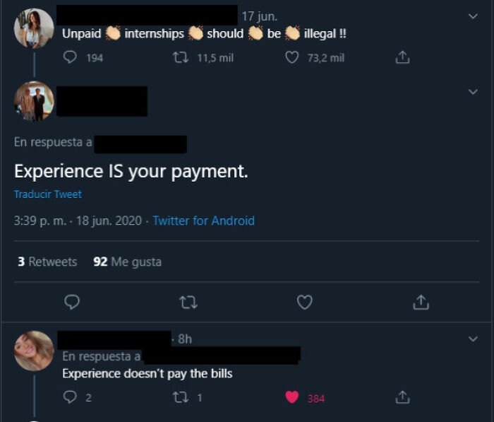 Twitter thread discussing unpaid internships and how experience is not payment, highlighting choosing beggars logic.