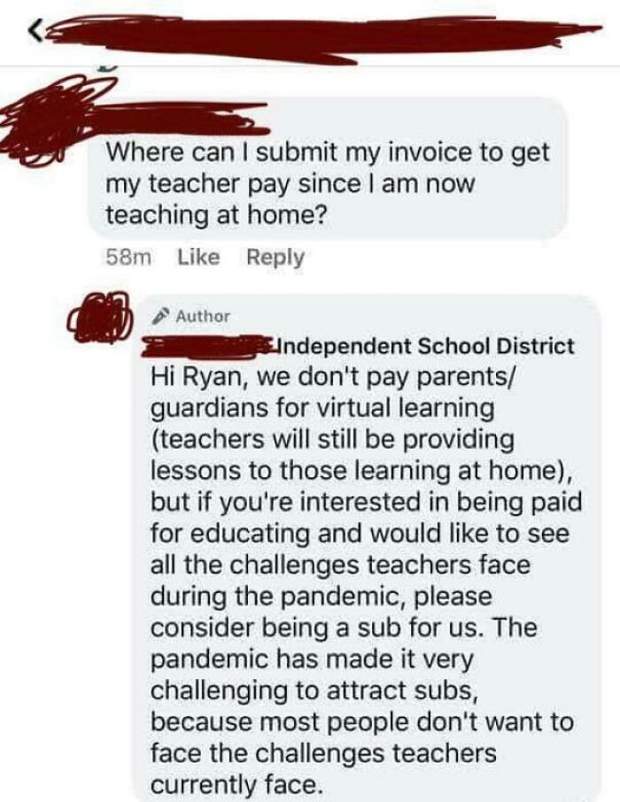 A parent demanding teacher pay for virtual learning shut down by a school district, showing choosing beggars online.