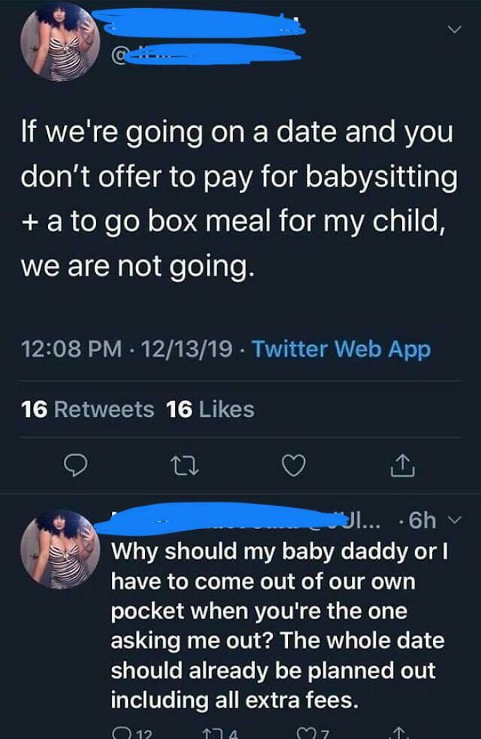 A Twitter post of choosing beggars demanding a date partner to pay for babysitting