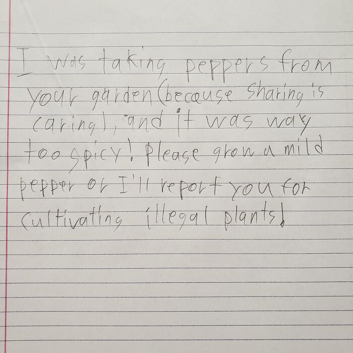 A handwritten note illustrating choosing beggars complaining about stolen garden peppers