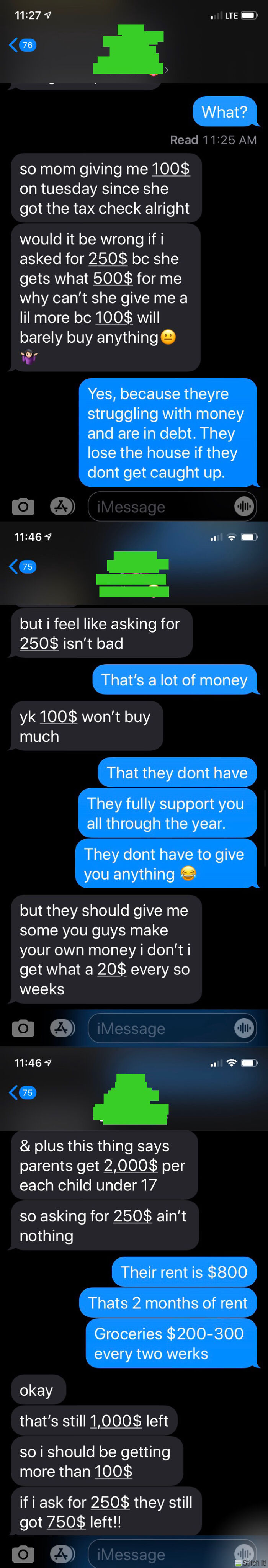 A chat screenshot of choosing beggars complaining about only getting 100 dollars