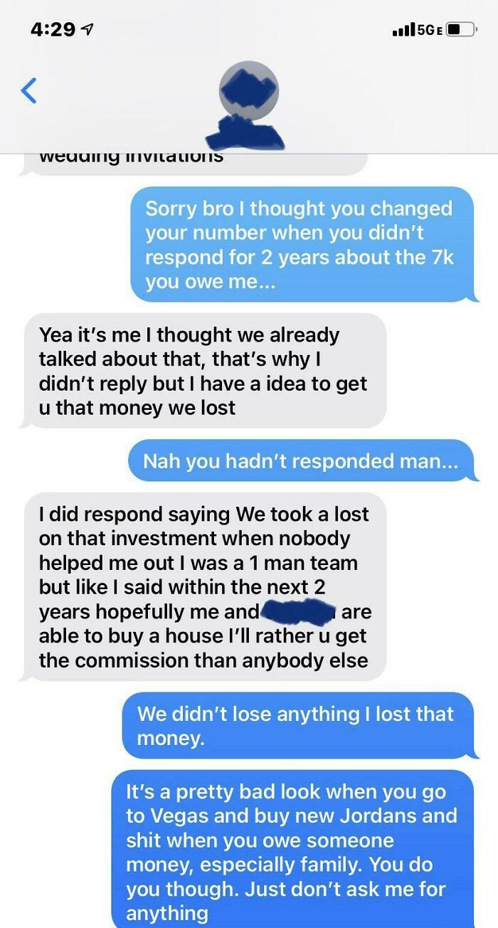 A message thread showing choosing beggars who owe money but make excuses