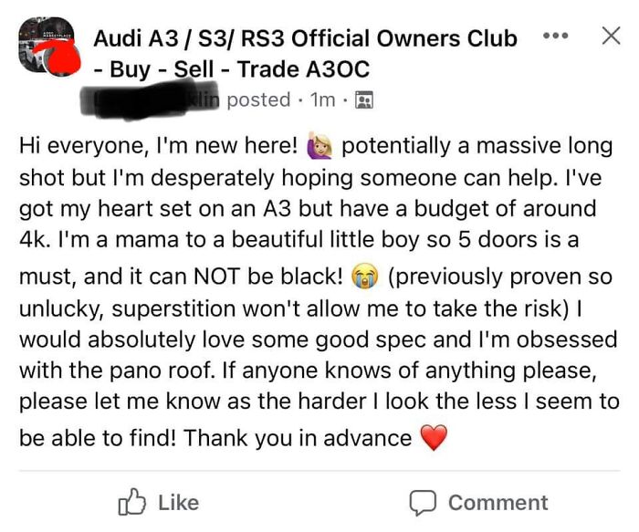 A post of choosing beggars looking for an Audi A3 with strict specifications on a low budget.