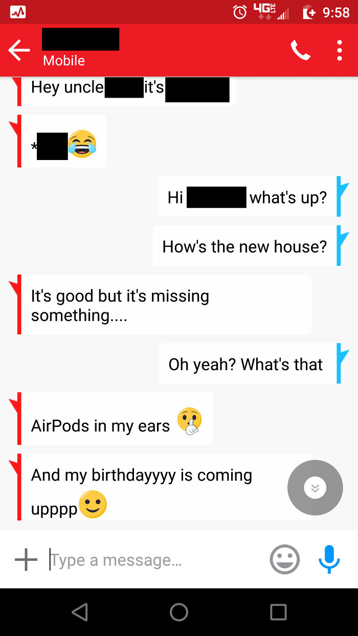 Screenshot of text messages from choosing beggars demanding AirPods for their upcoming birthday.