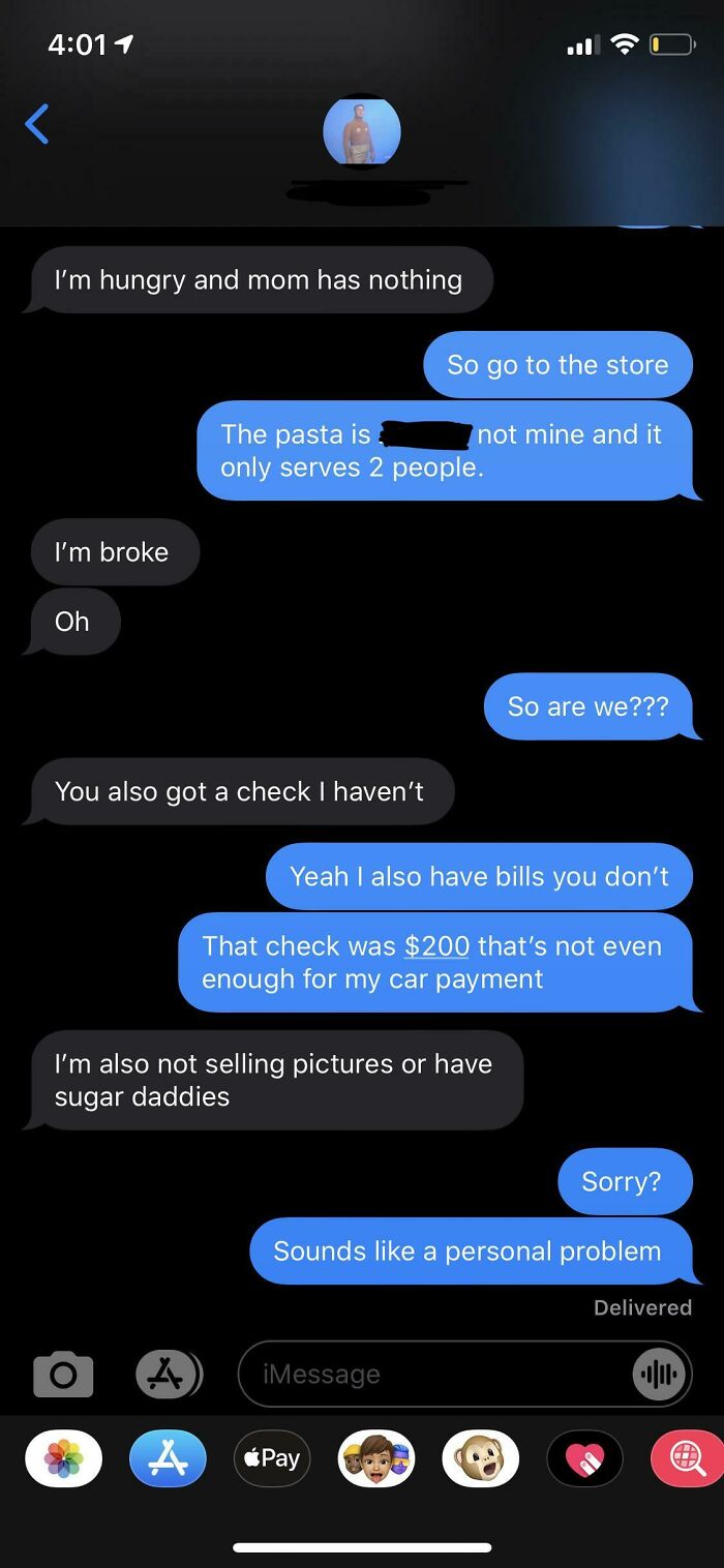 A chat screenshot of choosing beggars arguing over food and money