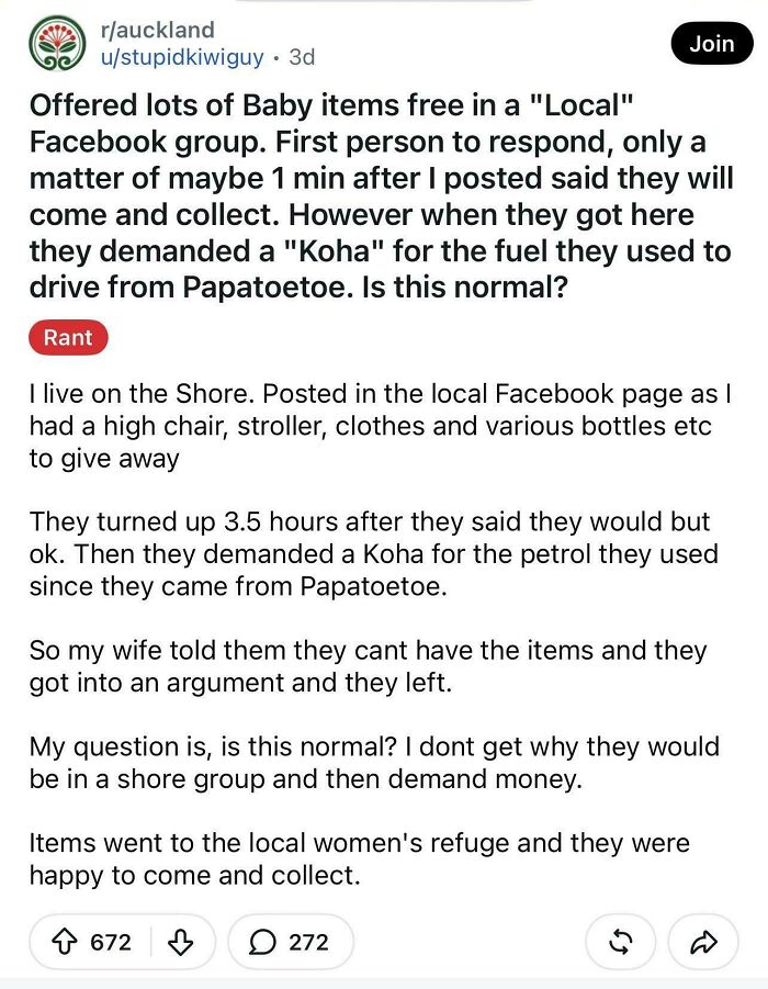 A Reddit post about choosing beggars who demanded gas money after picking up free baby items