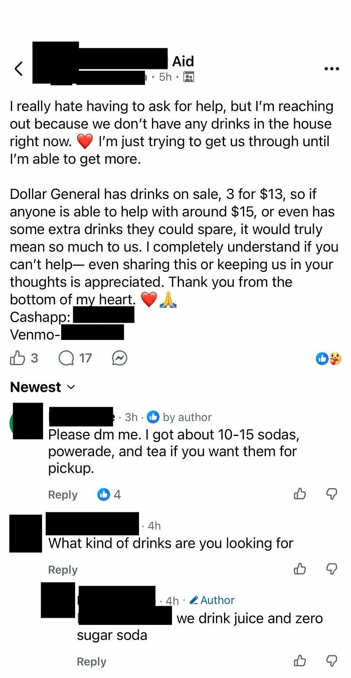 A Facebook post screenshot showing choosing beggars asking for free drinks but only specific juices and sodas