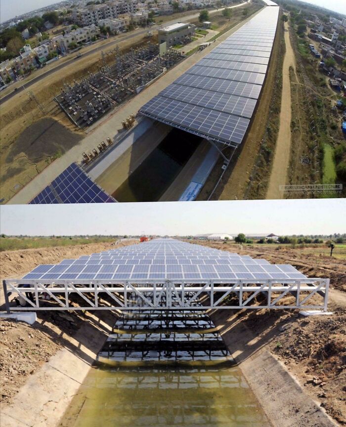 Innovative energy infrastructure featuring solar panels installed over a water canal to reduce evaporation