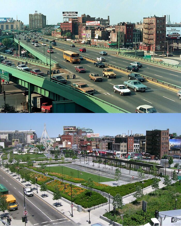 Before and after comparison of urban infrastructure transformed from a busy highway into a green city park