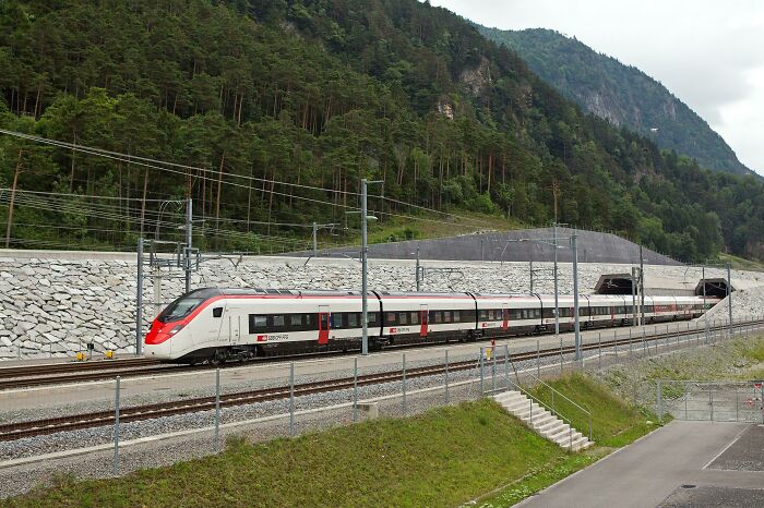 A modern passenger train travelling alongside a forest, representing efficient public transport infrastructure