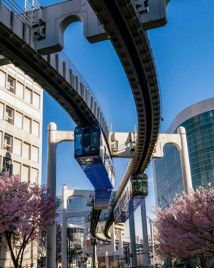 Futuristic suspended monorail trains displaying advanced world’s best infrastructure
