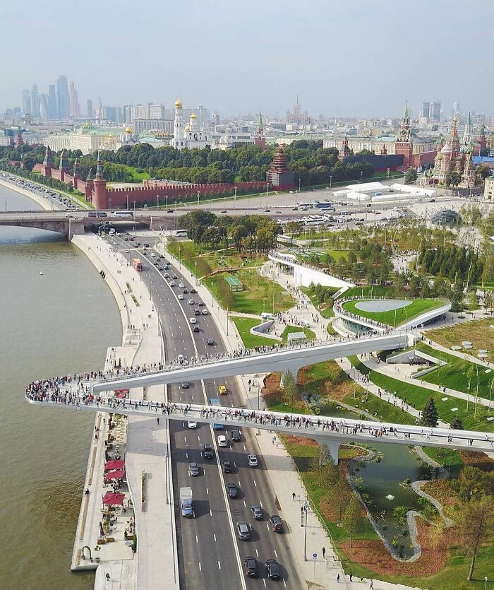 Aerial view of modern pedestrian bridge showing innovative world’s best infrastructure