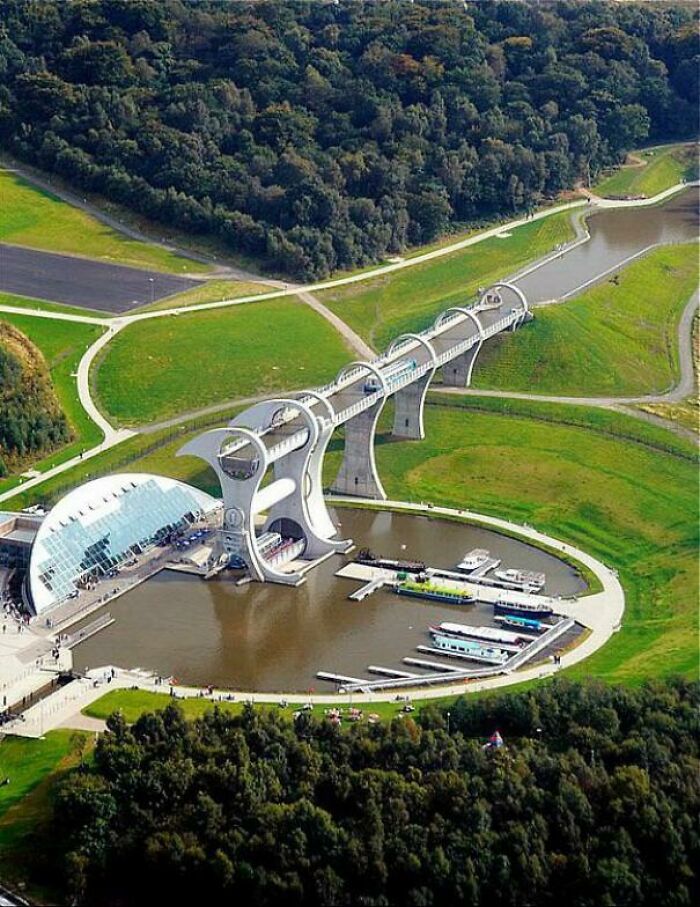 The Falkirk Wheel boat lift in Scotland, a unique piece of engineering and canal infrastructure.