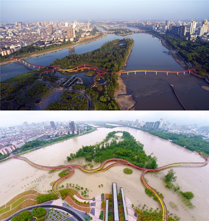 A curved red pedestrian bridge, showcasing innovative urban infrastructure over a river in China.
