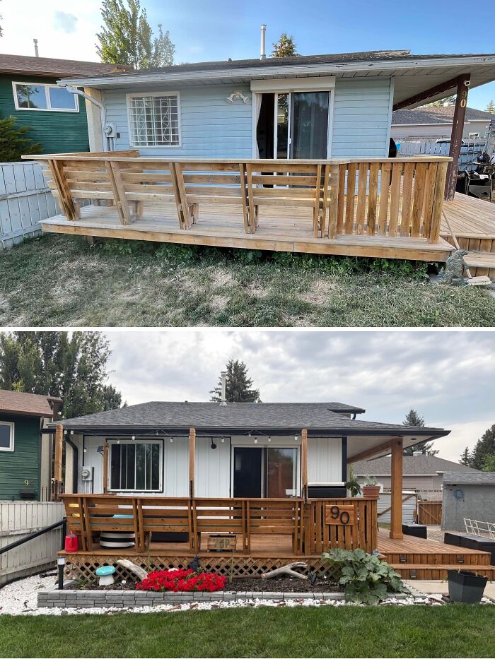 Before and after comparison of a weathered wooden deck remodeled into a modern patio with garden beds DIY home upgrades