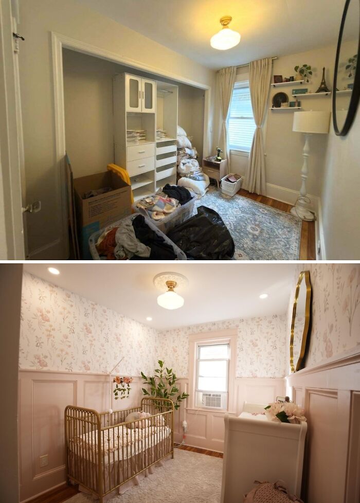A messy storage room transformed into a beautiful baby nursery with pink floral wallpaper and gold crib DIY home upgrades