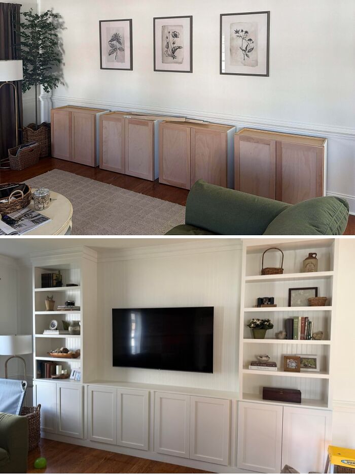 DIY home upgrades before and after of unfinished wooden cabinets turned into a sophisticated white media console unit