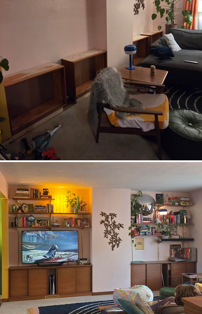 Before and after DIY home upgrades showing a cluttered living room transformed with custom built-in shelving and cozy lighting