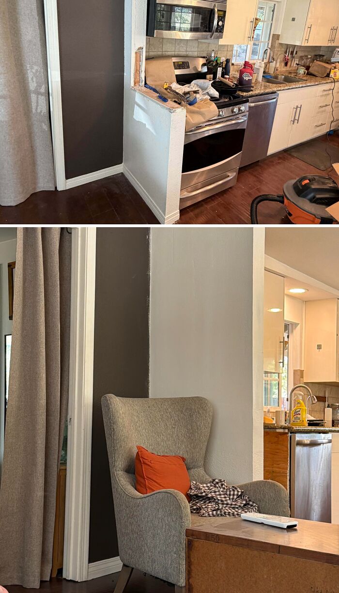 Before and after comparison of a kitchen wall removal, displaying open-concept DIY home upgrades.