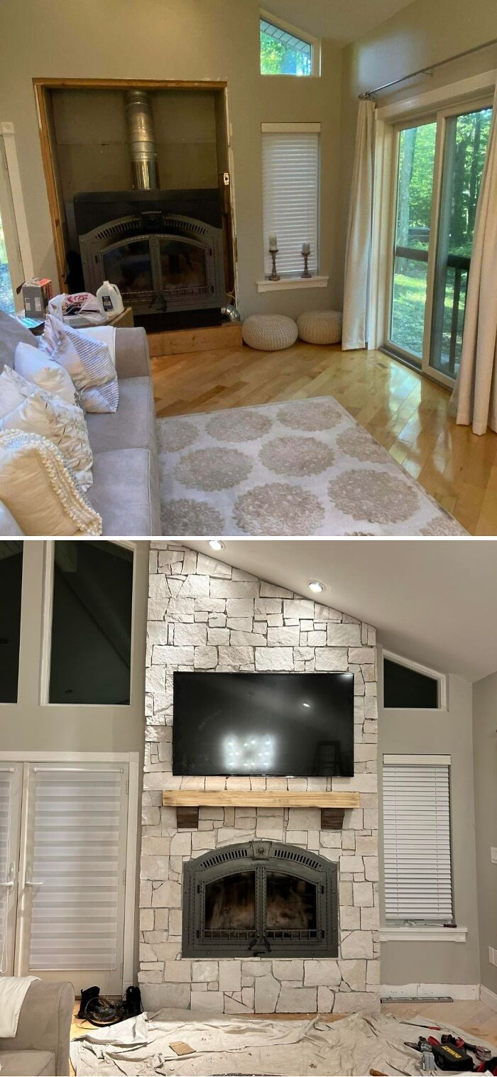 Before and after of a living room fireplace makeover, highlighting stone fireplace DIY home upgrades.
