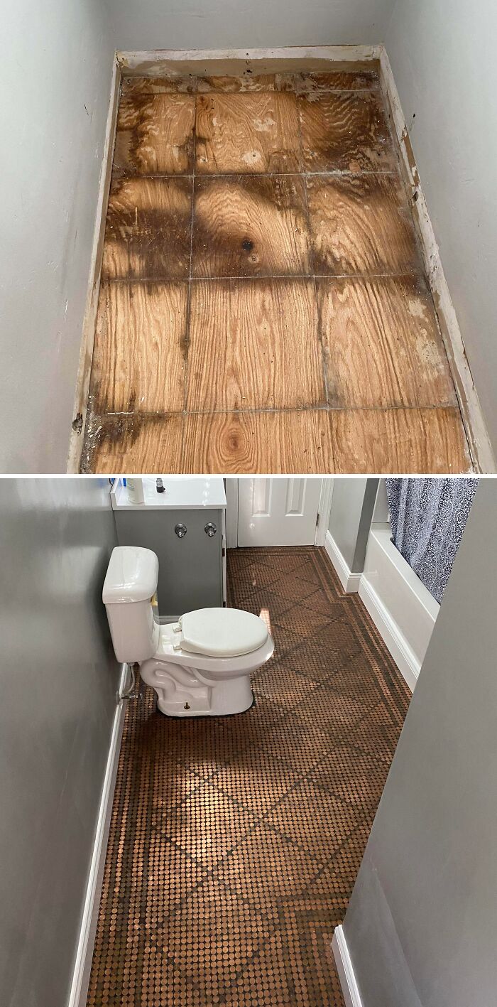 Before and after view of a bathroom DIY home upgrades project, featuring a new penny tile floor.
