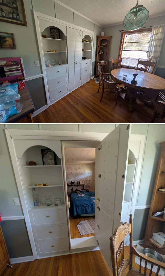 A hidden room behind a built-in bookcase, a clever and unique DIY home upgrade.