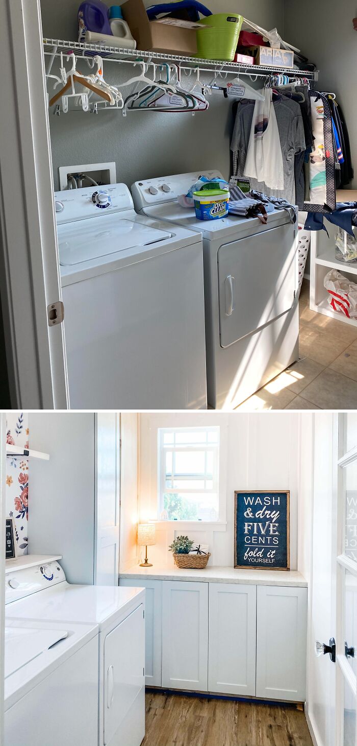 Before and after modern laundry room renovation with white cabinets, a fresh DIY home upgrade.
