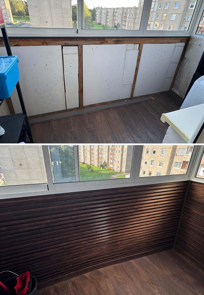 Before and after of a balcony renovation featuring dark wood paneling, an elegant choice for DIY home upgrades.