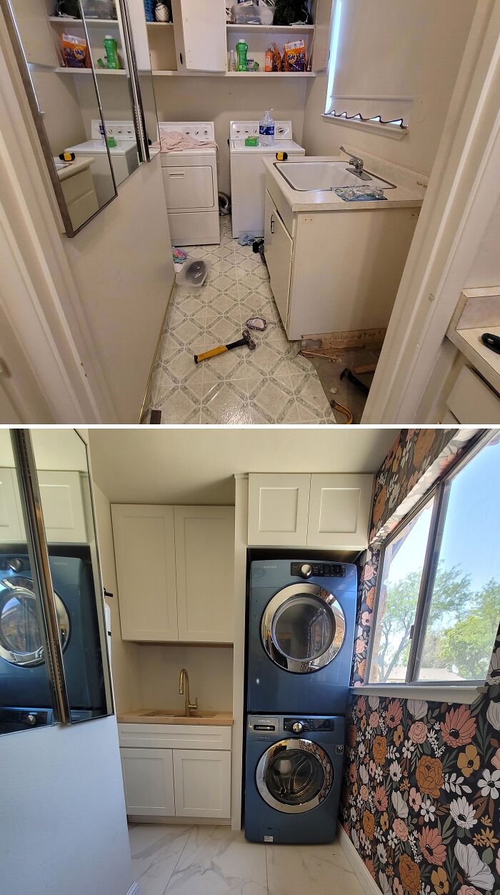 Before and after laundry room renovation with stylish wallpaper, a DIY home upgrade idea.