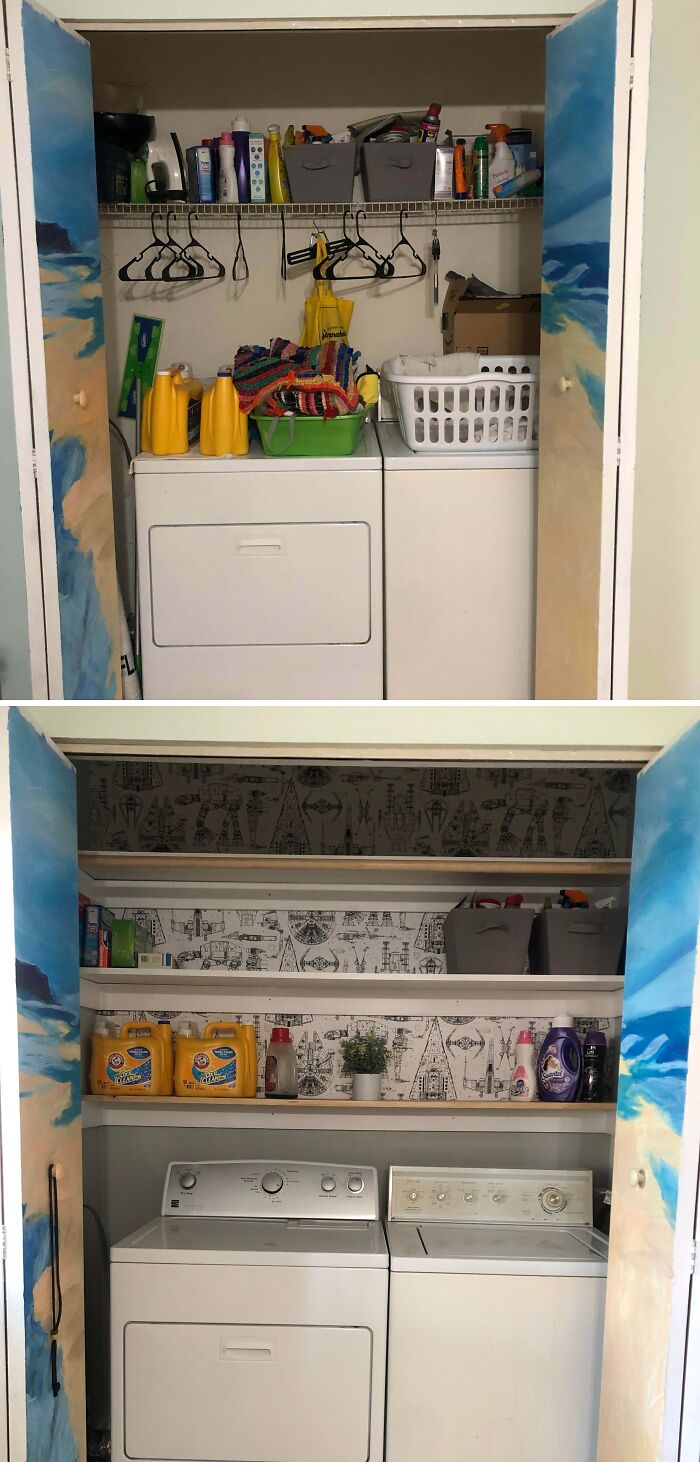 Before and after organized laundry closet featuring Star Wars wallpaper, a creative DIY home upgrade.