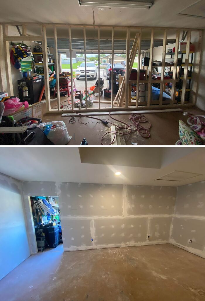 A DIY home upgrade showing the before and after of a garage framing project and drywall installation.