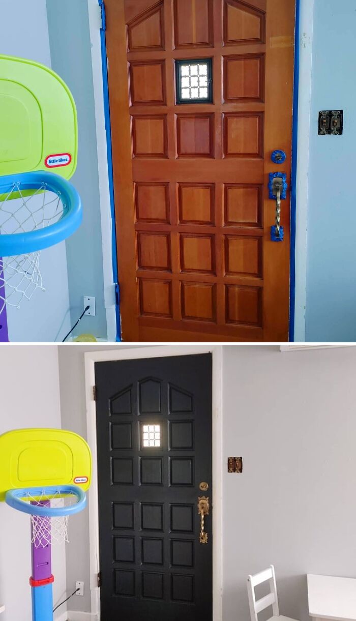 A before and after comparison of painting an interior wooden door black, showcasing easy DIY home upgrades.